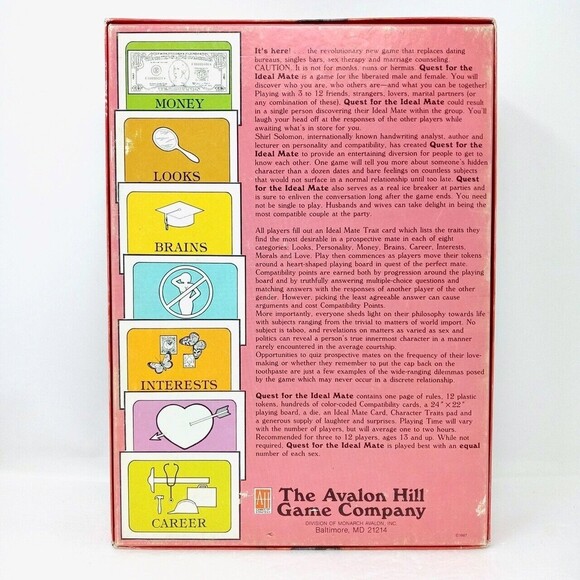 QUEST FOR THE IDEAL MATE - Vintage Avalon Hill Arcana 1987 Board Game - Unplayed - Picture 2 of 10